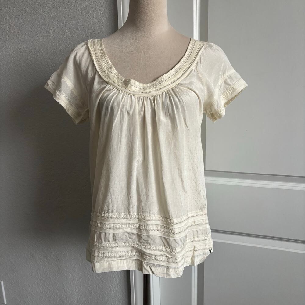 NWT American Eagle Ivory SILK Cotton Blouse Size 6 Boho Lace Peasant Top Cream